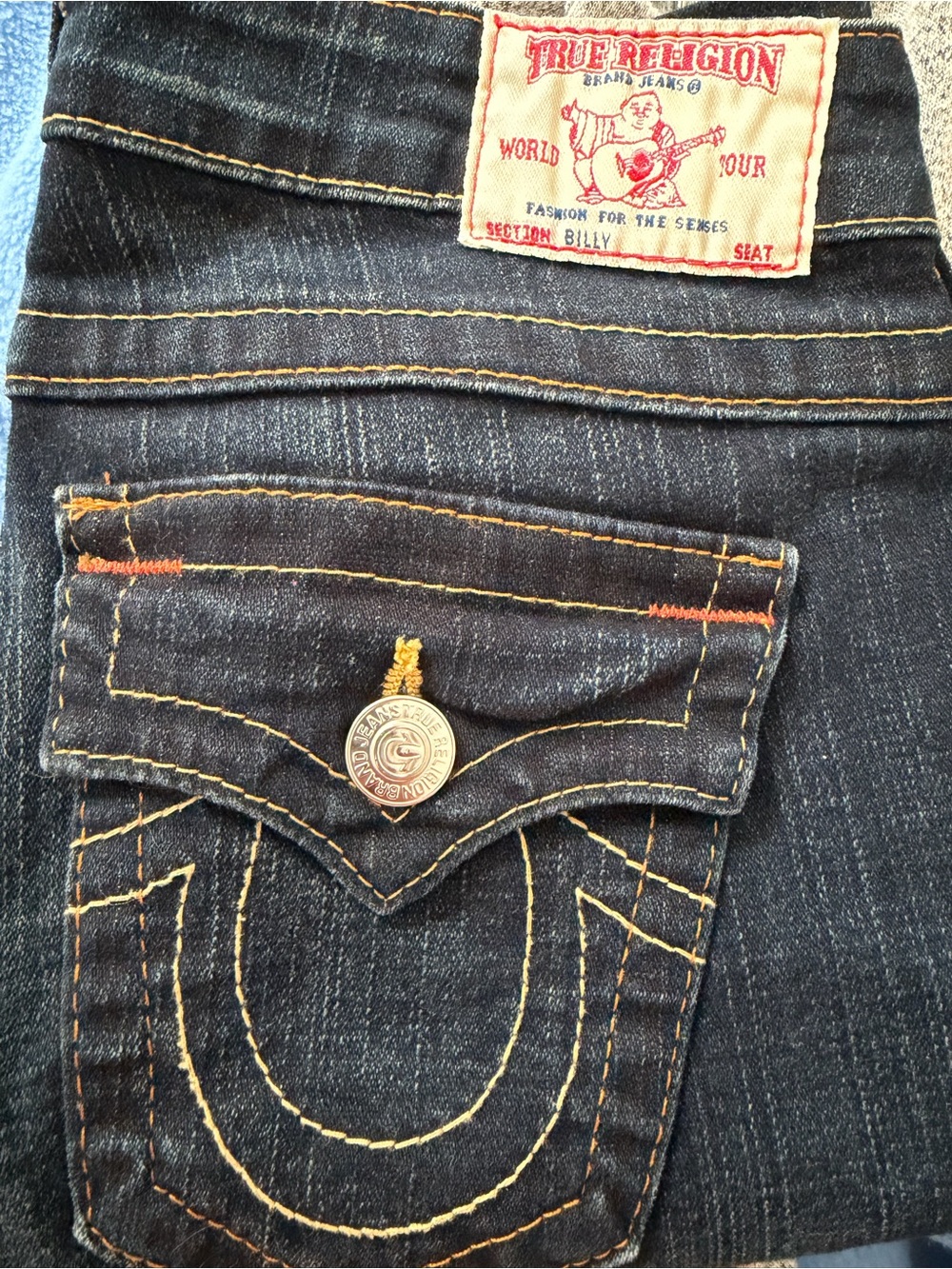 True Religion Women's Dark Indigo Jeans with Yellow Contrast Stitching